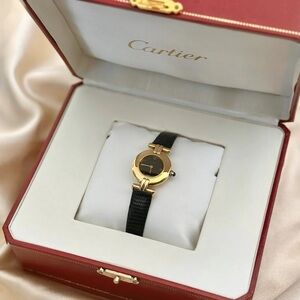 AUTHENTIC VINTAGE CARTIER BLACK LEATHER WATCH - WITH BOX